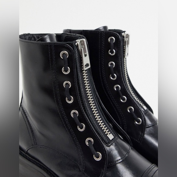 AllSaints ariel zip front lace up detail chunky leather boots in black